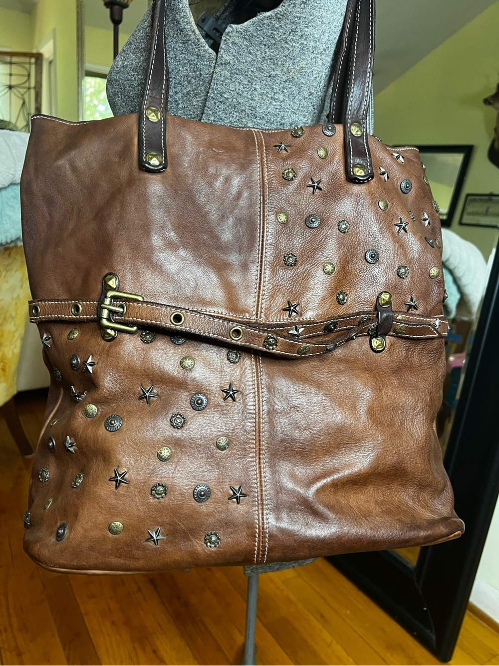 Costanza Rota Brown Italian Leather Studded Tote Bag Large Shoulder Purse